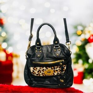 Emma Fox Ladies Black Leather  Fold Over Tote Bag Purse  Inside Floral Print